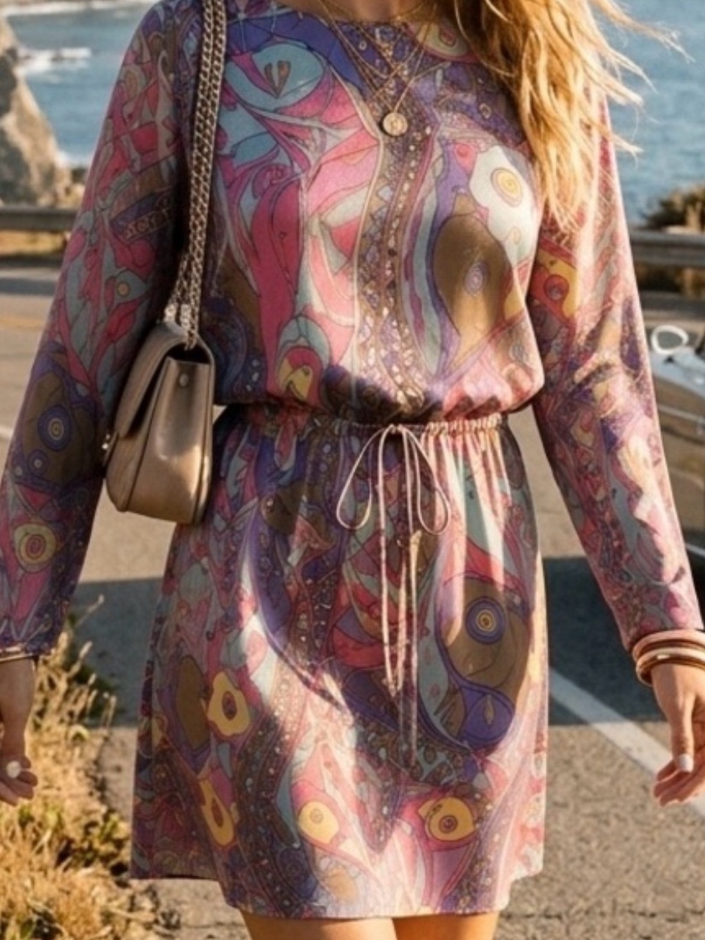 Vintage Gillian 100% Silk Abstract Print Drawstring Dress Size 4